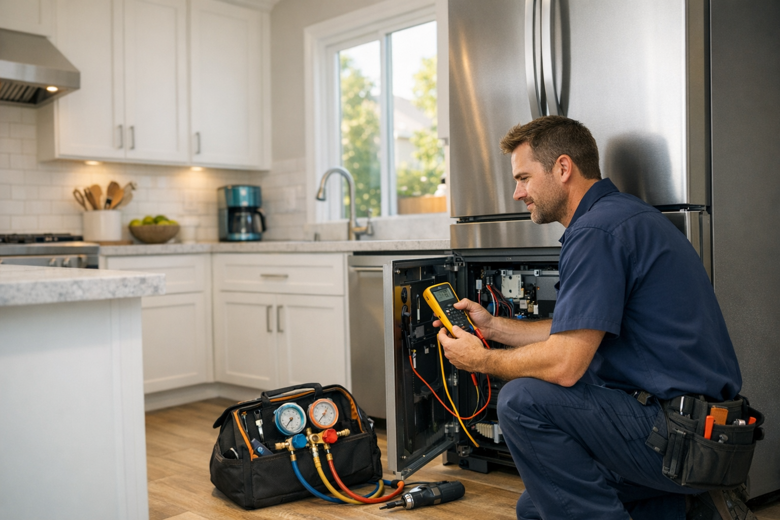 Appliance repair technician working on a refrigerator in a bright kitchen